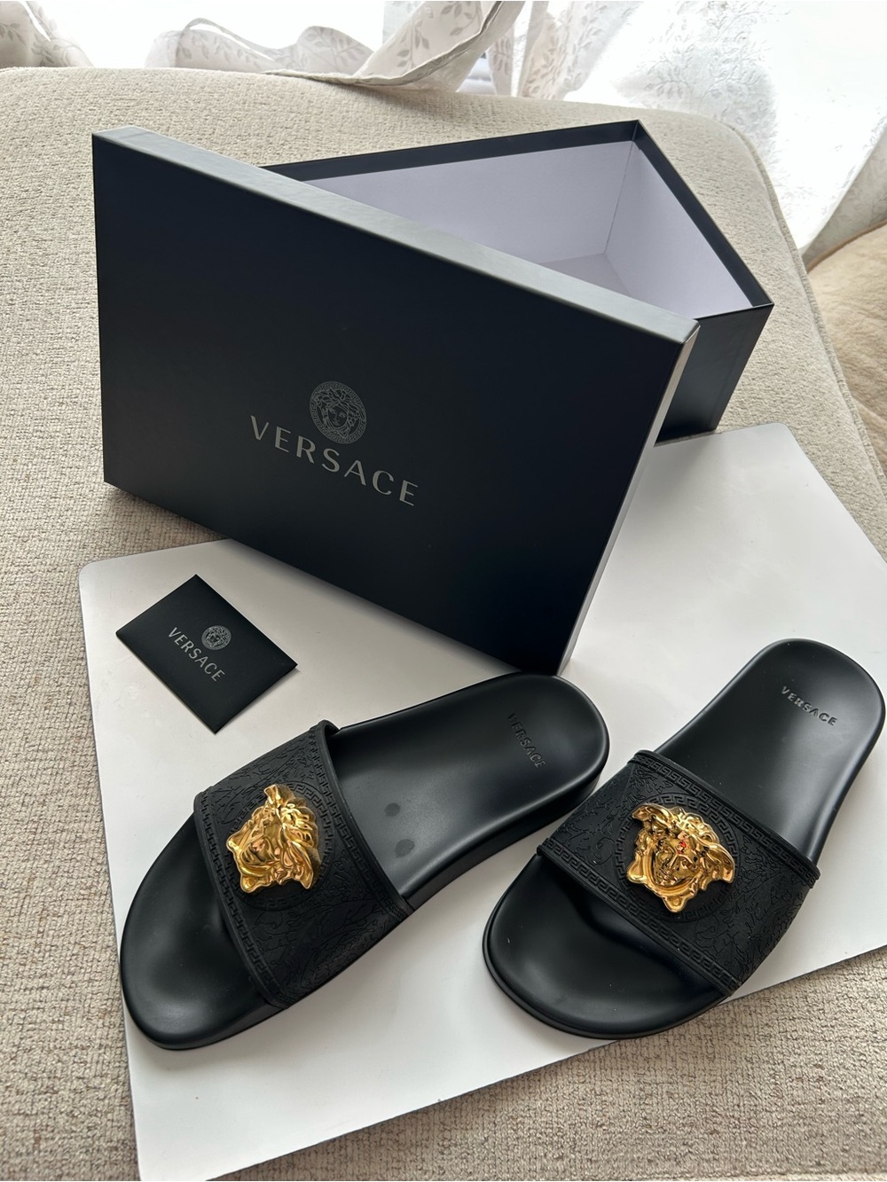 Versace Black Women's Slide Sandals with Gold Medusa Crest